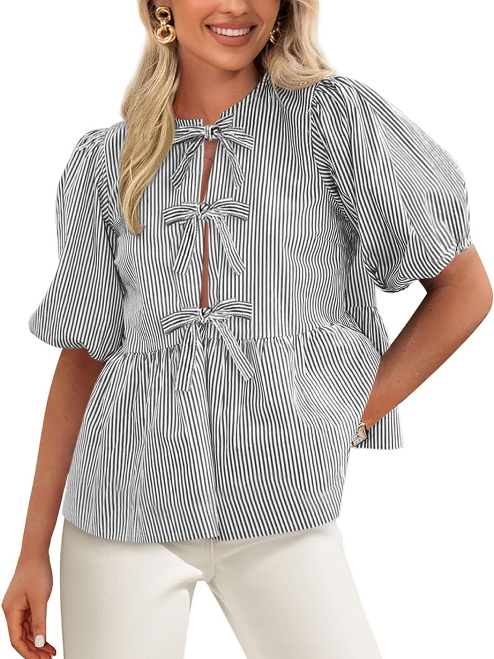 Navy & White Striped Tie-Front Puff Sleeve Blouse